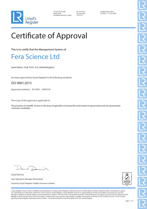 Fera Science ISO9001: 2015 certificate