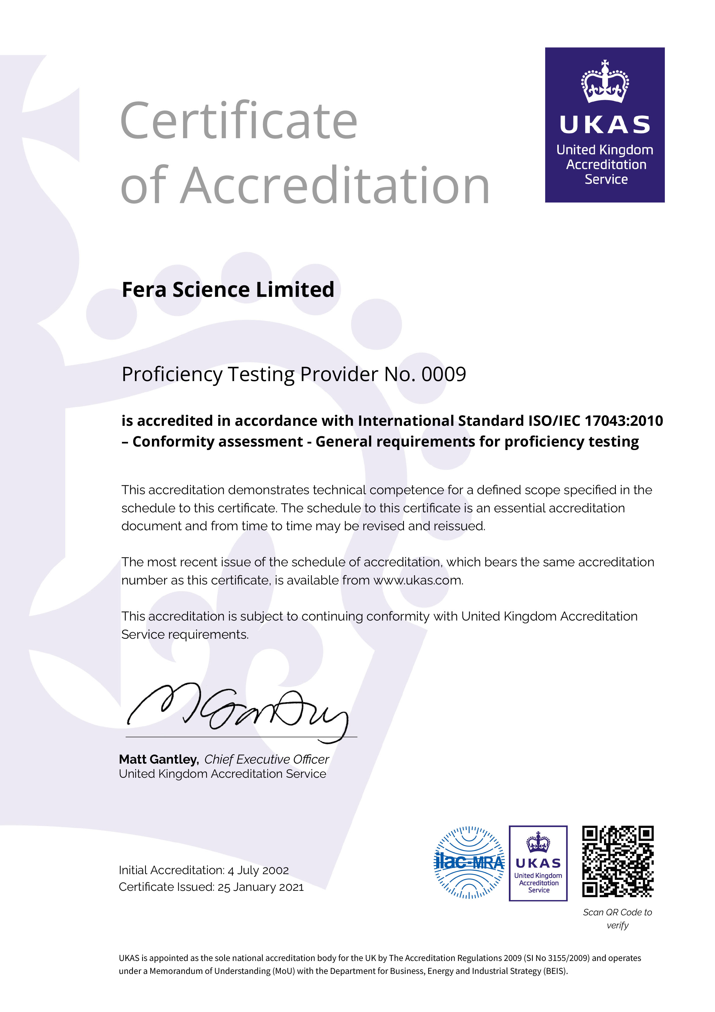 Fera - Proficiency Testing certificate